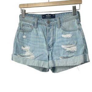 HOLLISTER high rise mom jean shorts 3” light denim distressed beach summer sz 25